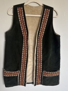Vintage Women's Velvet Embroidered Open Vest Jacket Green Size Medium